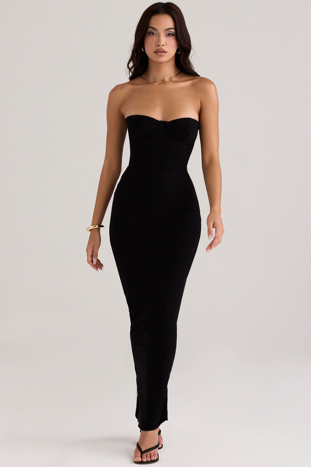 Black strapless maxi dress with corset