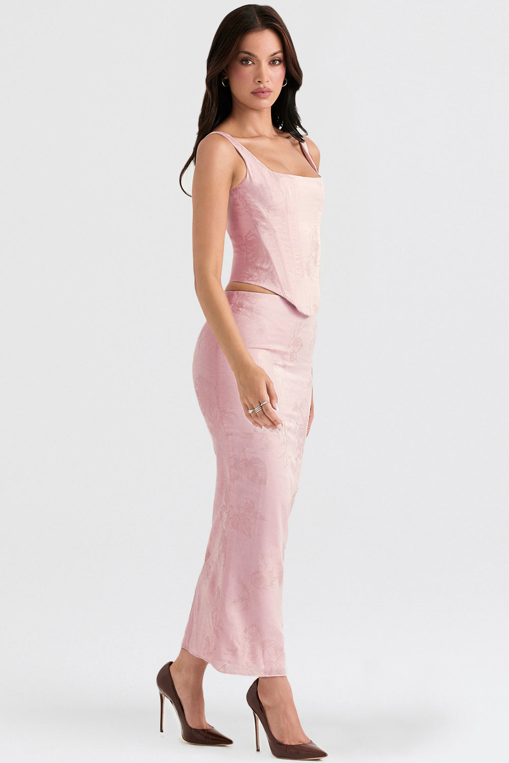 Pink floral satin longline corset with midi skirt