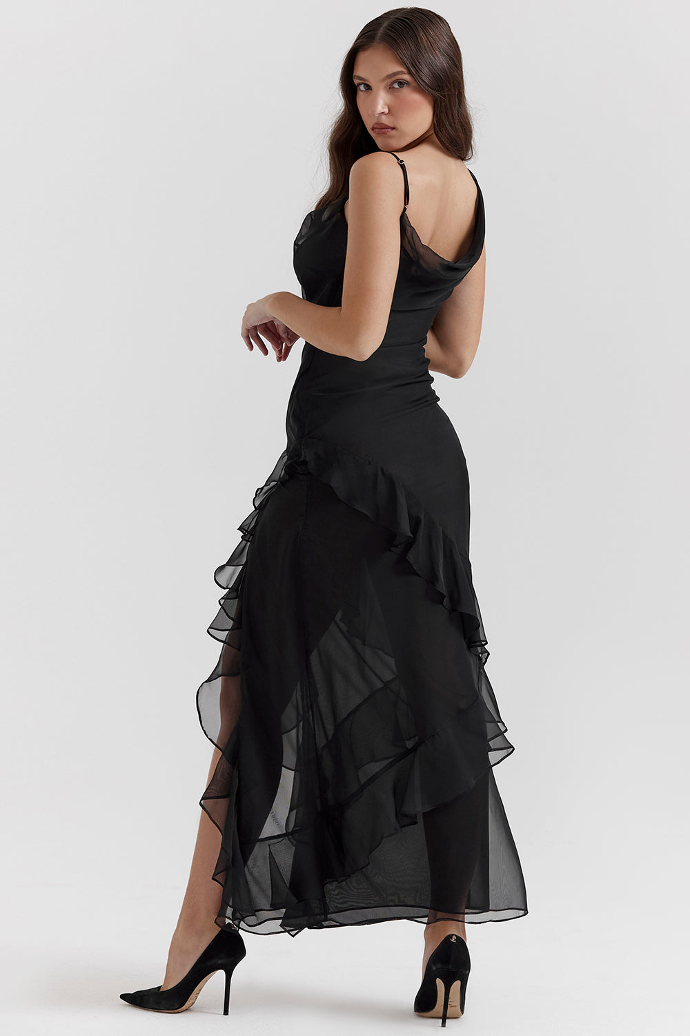 Black maxi dress with ruffles