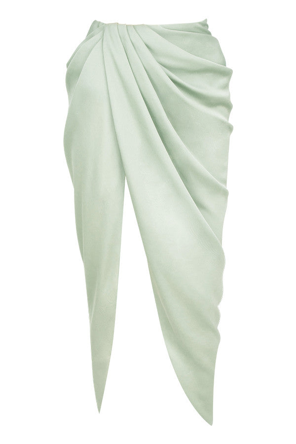 Deep-cut blouson top in silky satin with draped skirt