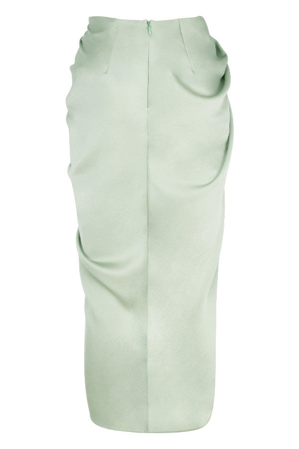 Deep-cut blouson top in silky satin with draped skirt