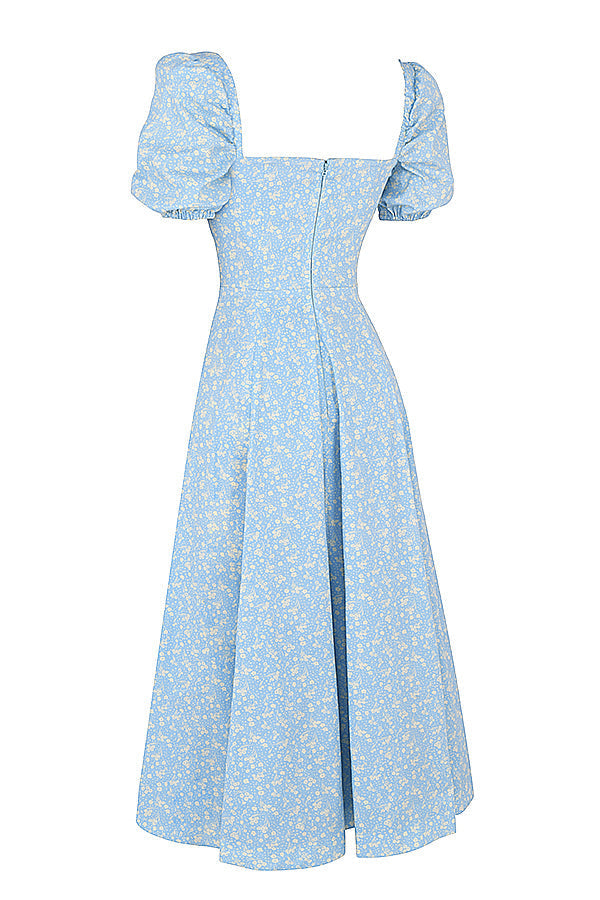 Midi sundress with floral puff sleeves