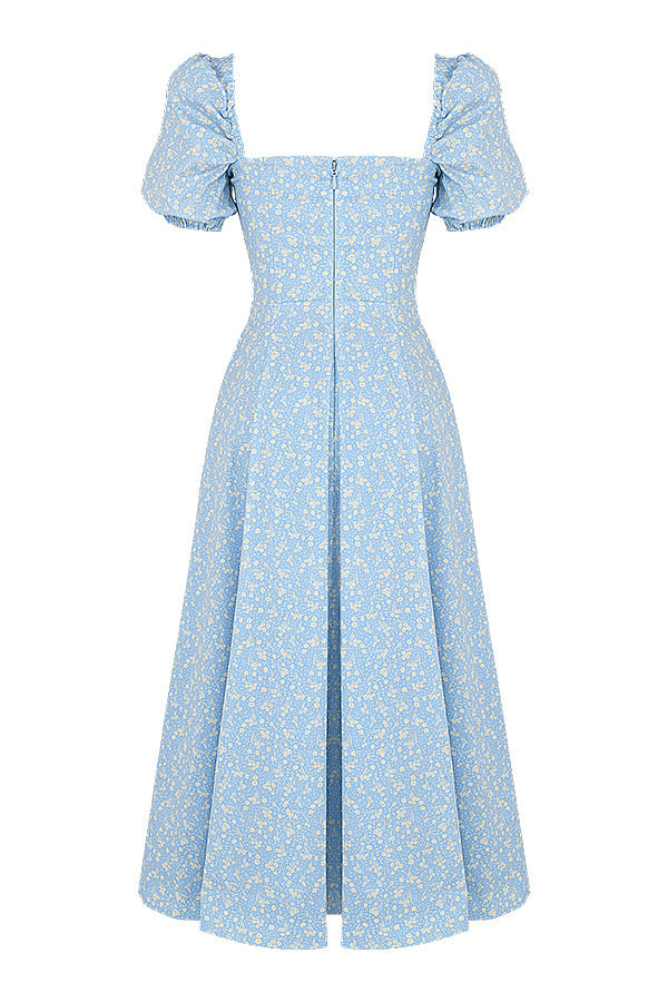Midi sundress with floral puff sleeves