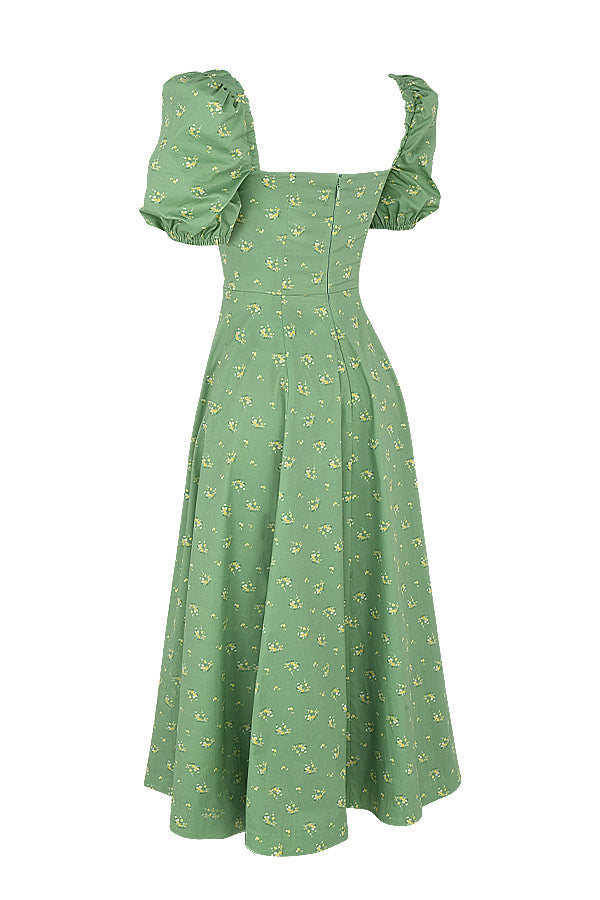 Midi sundress with floral puff sleeves