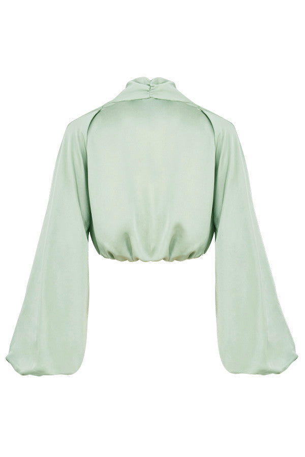 Deep-cut blouson top in silky satin with draped skirt