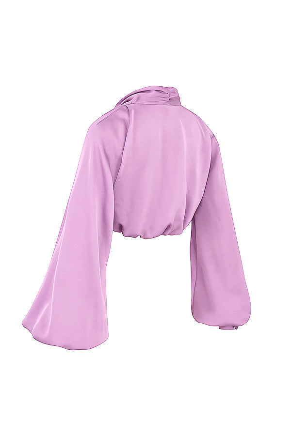 Deep-cut blouson top in silky satin with draped skirt