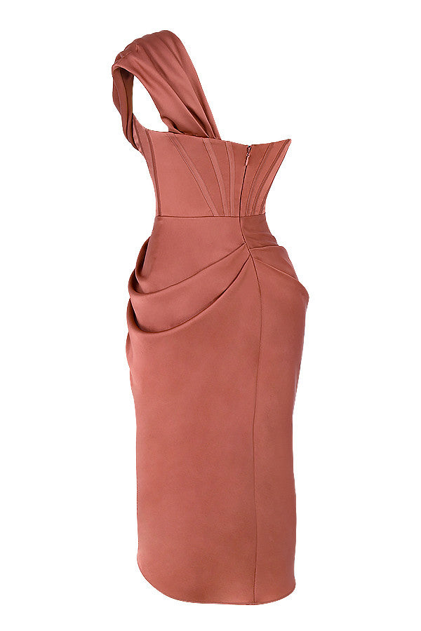 Draped satin midi dress with one shoulder