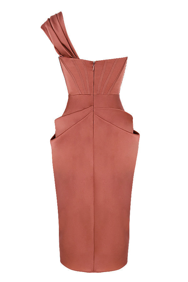 Draped satin midi dress with one shoulder