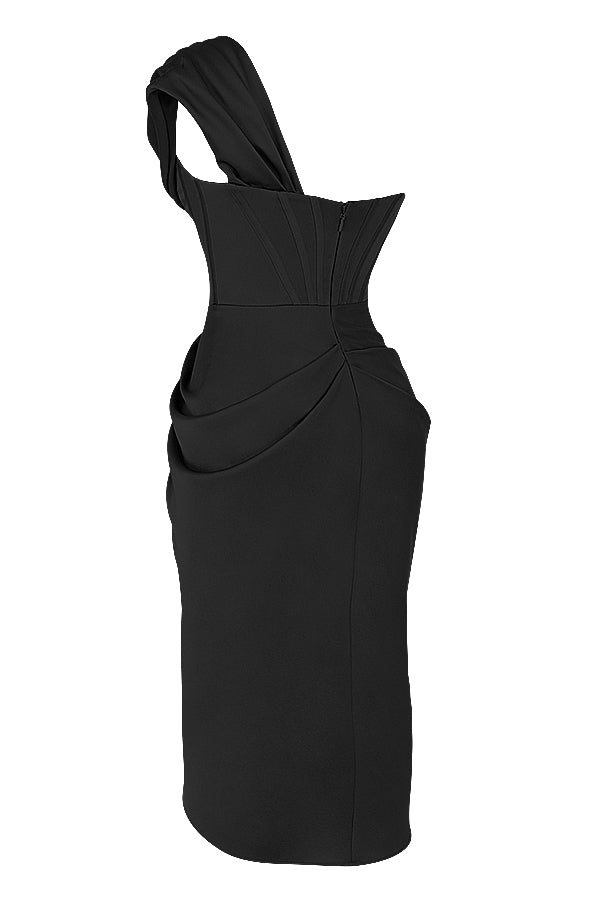 Draped satin midi dress with one shoulder