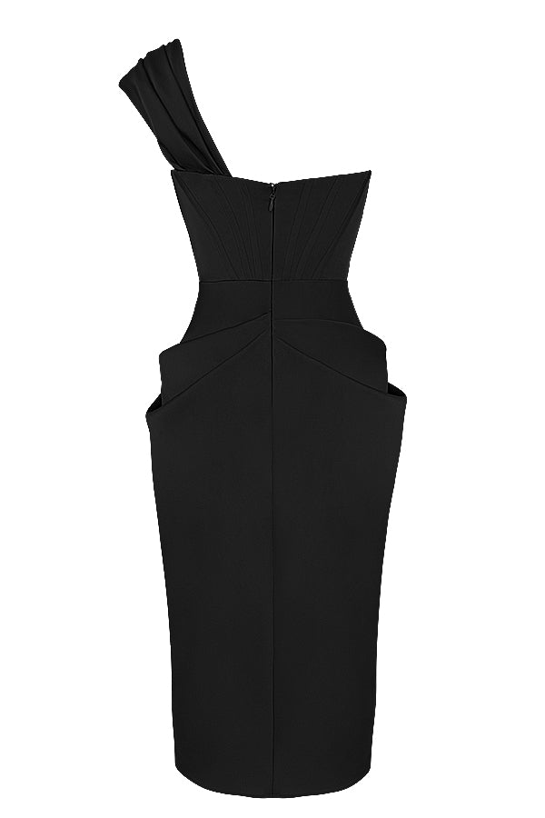 Draped satin midi dress with one shoulder