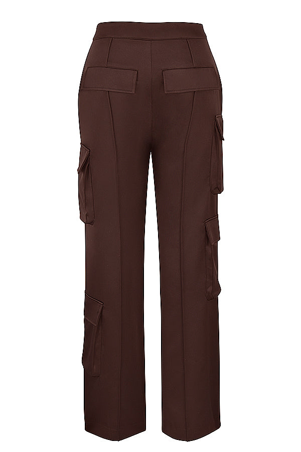 Long chocolate satin corset with cargo pants