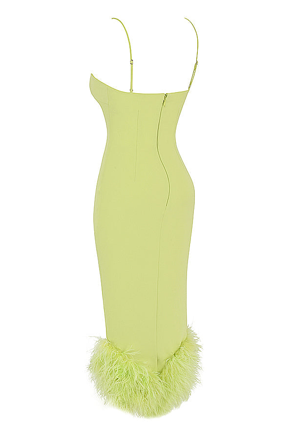 Lime midi dress with feathers