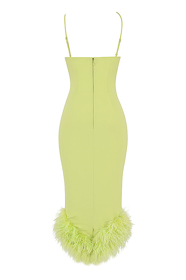 Lime midi dress with feathers