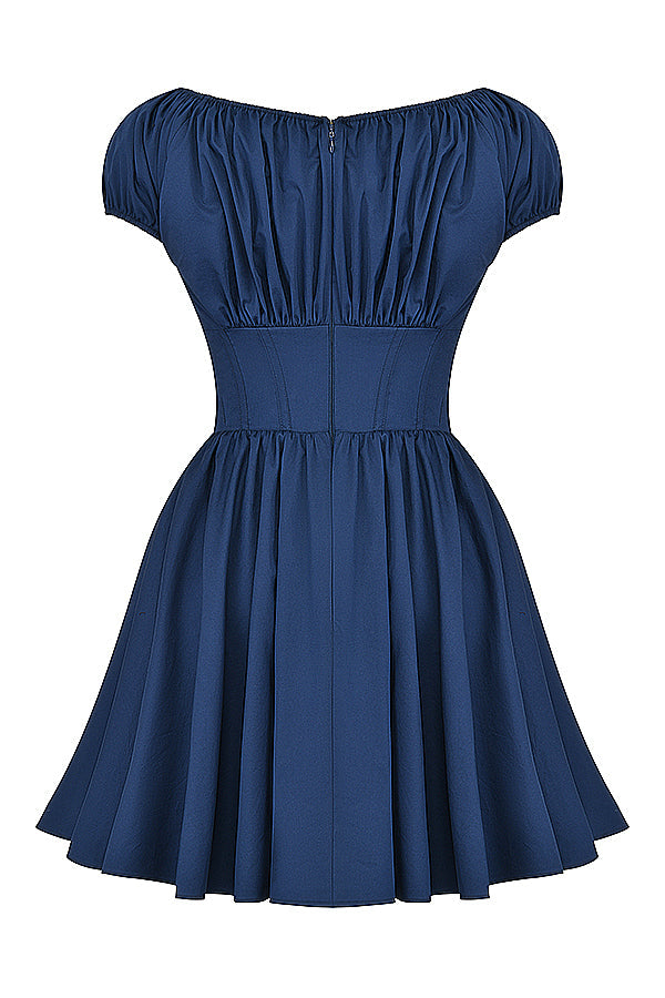 French navy blue mini dress with pleats