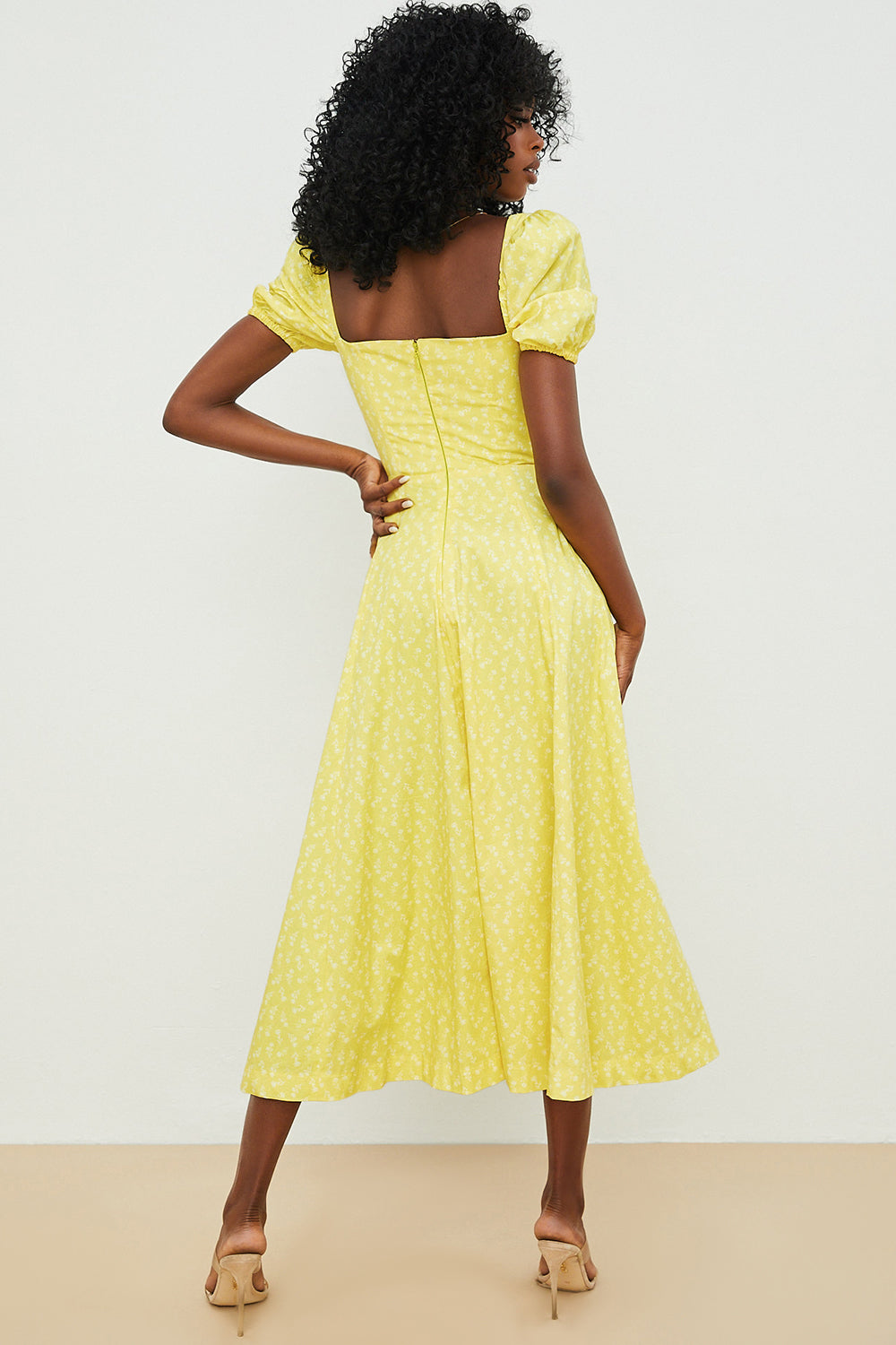 Midi sundress with floral puff sleeves