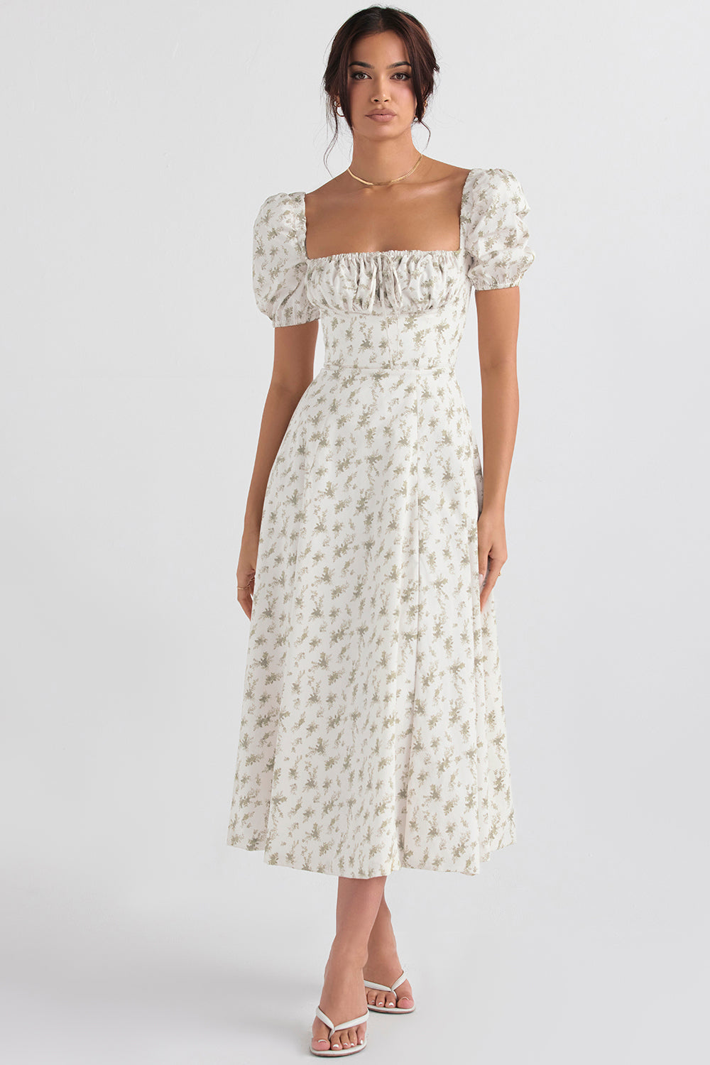 Midi sundress with floral puff sleeves