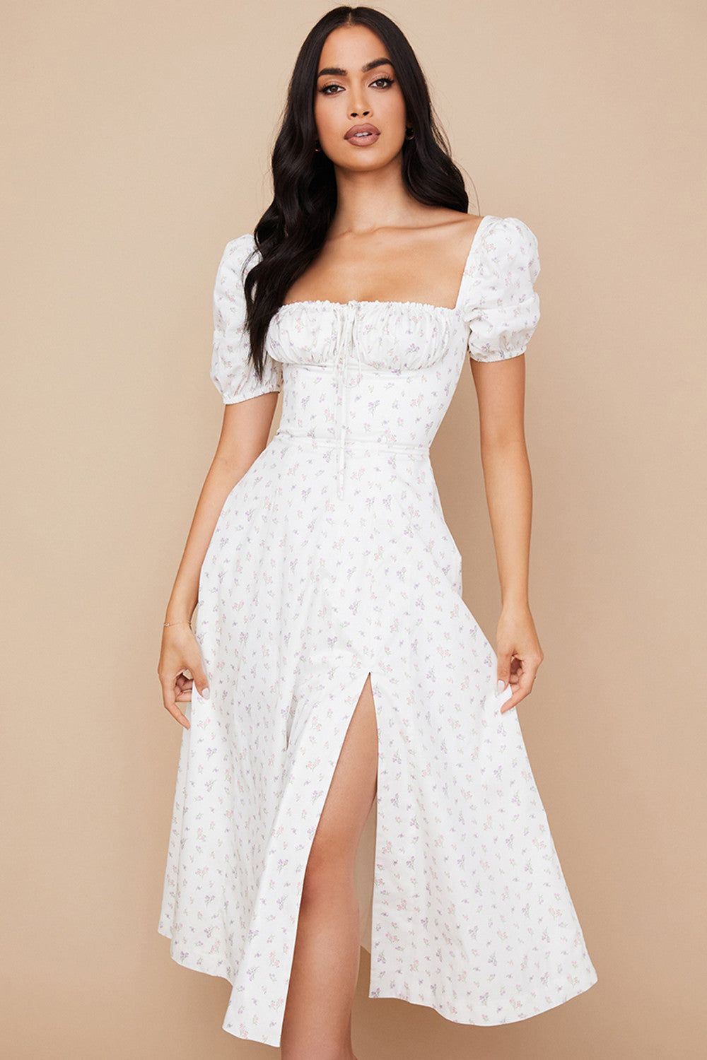 Midi sundress with floral puff sleeves