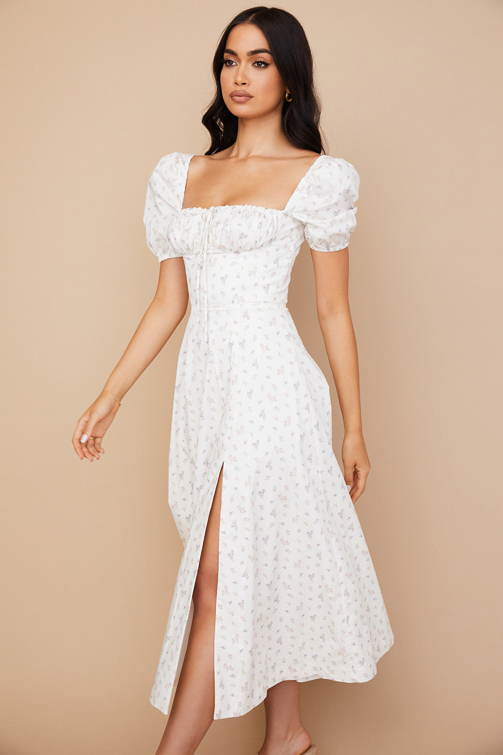 Midi sundress with floral puff sleeves