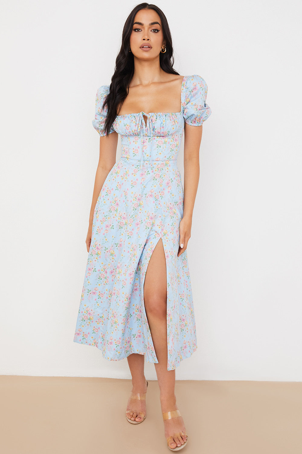 Midi sundress with floral puff sleeves