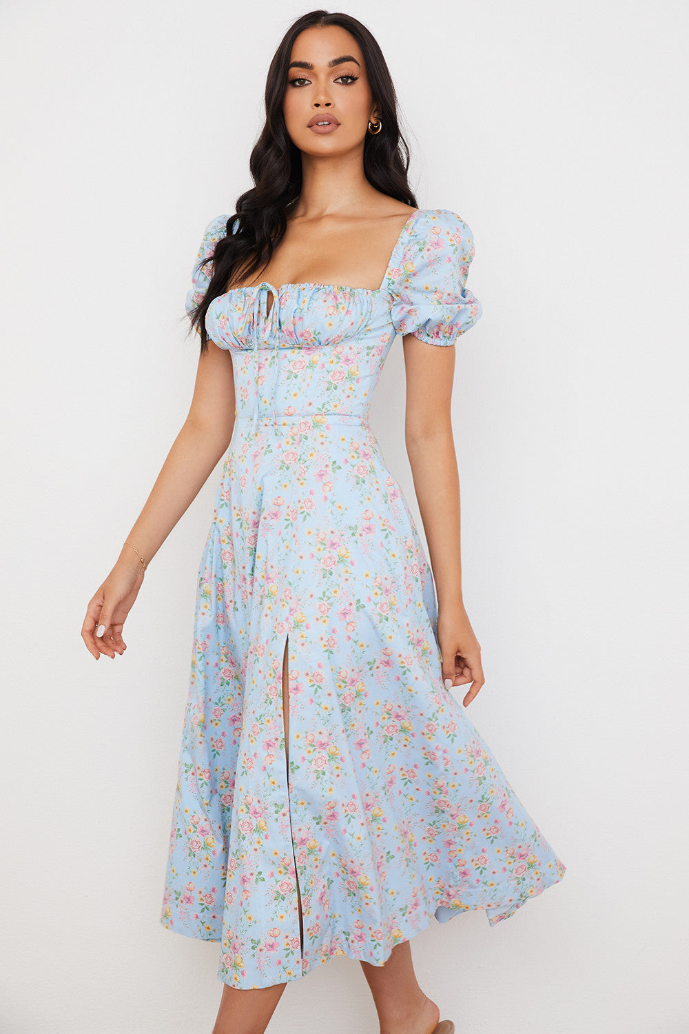 Midi sundress with floral puff sleeves