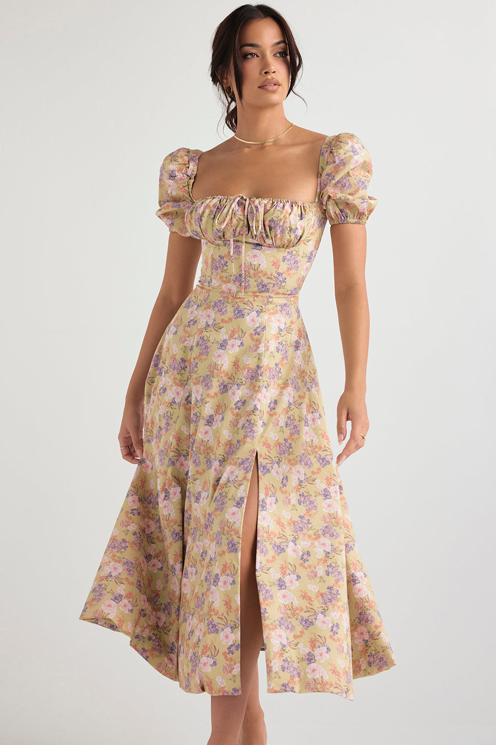 Midi sundress with floral puff sleeves