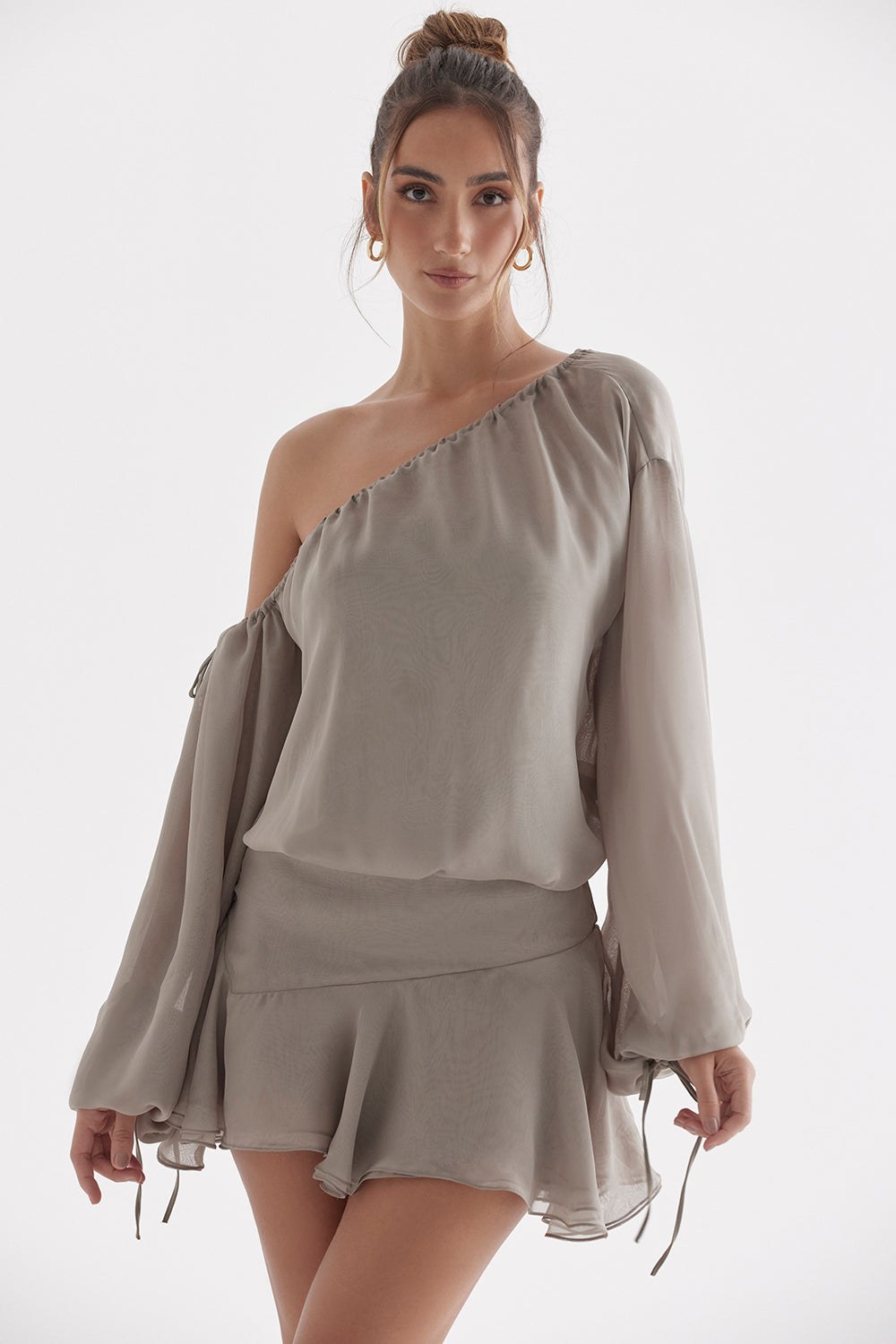Ash green off shoulder dress