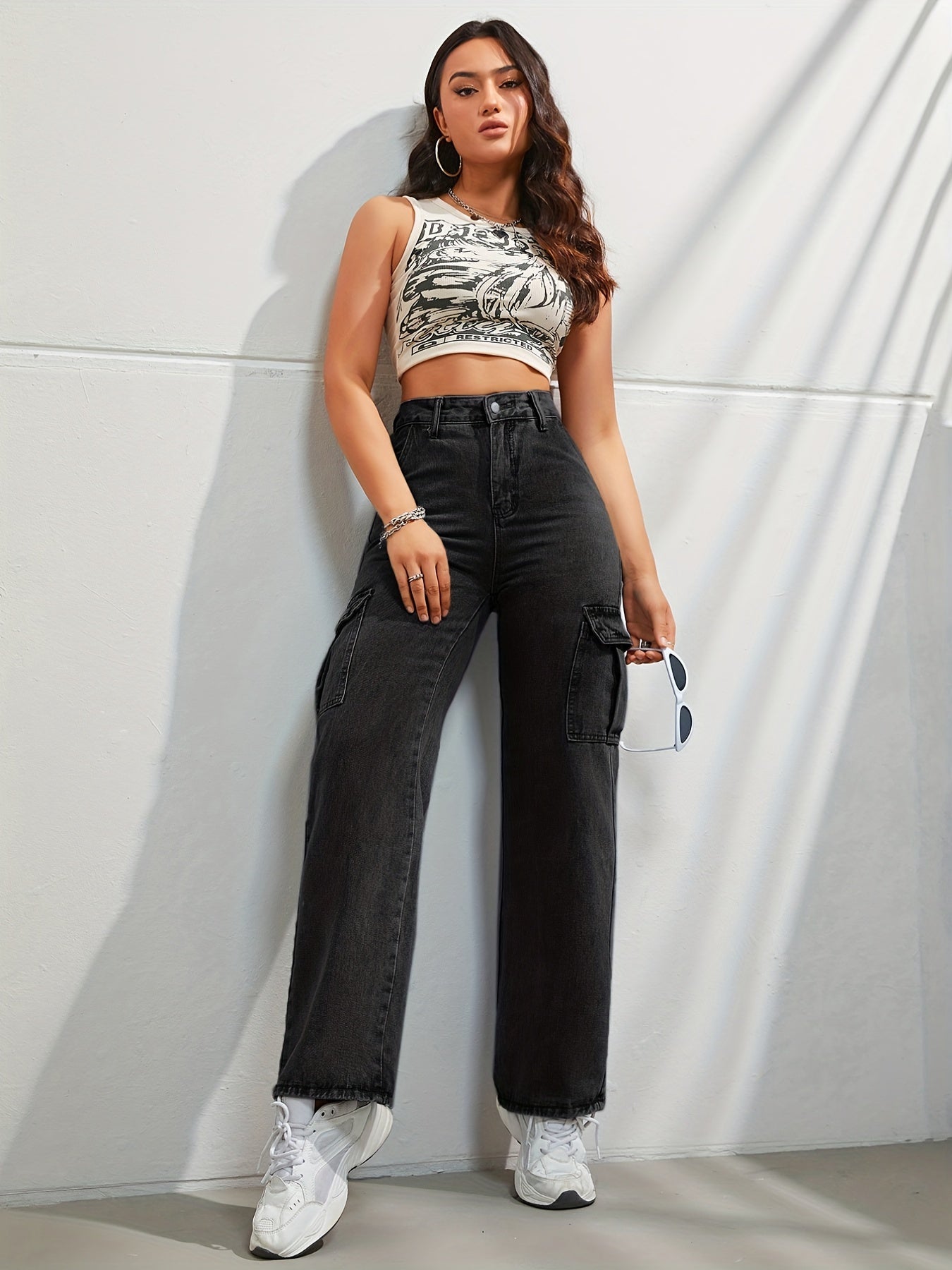 High-waisted denim cargo pants