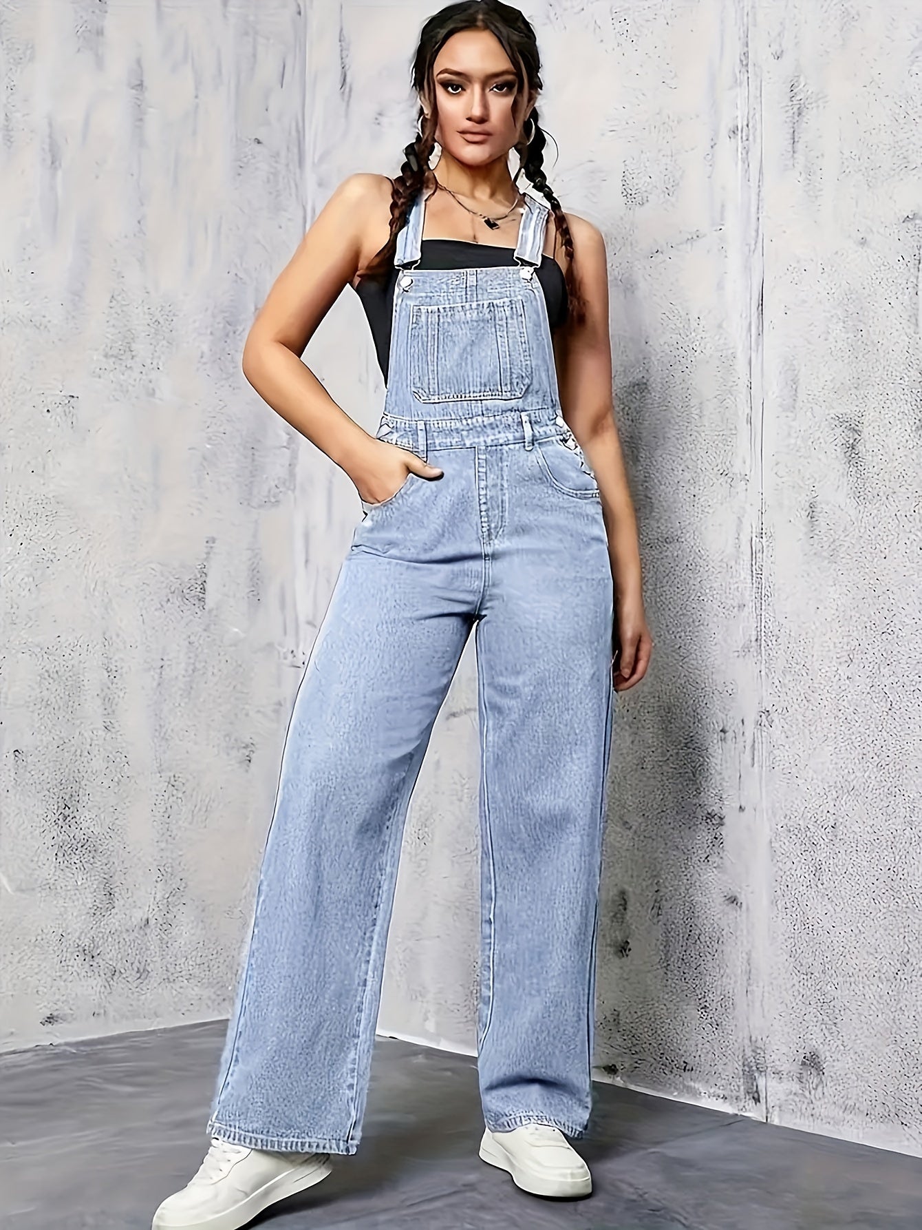 Denim overalls with wide legs