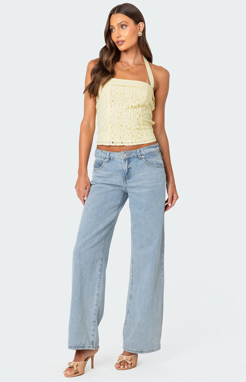 Side Button Eyelet Halter Yellow Top