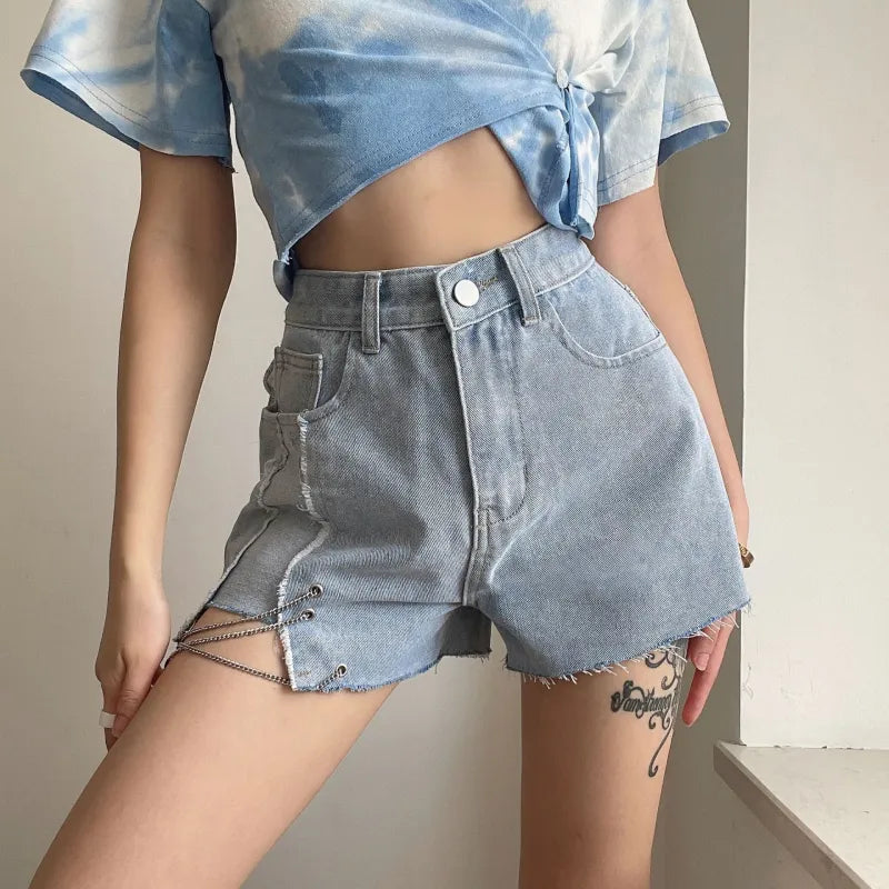 High Rise Denim Shorts With Chains