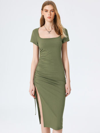 Square Neck Midi Dress In Olive Green