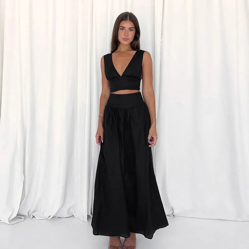 V Neck Top With Maxi Skirt Set in Black