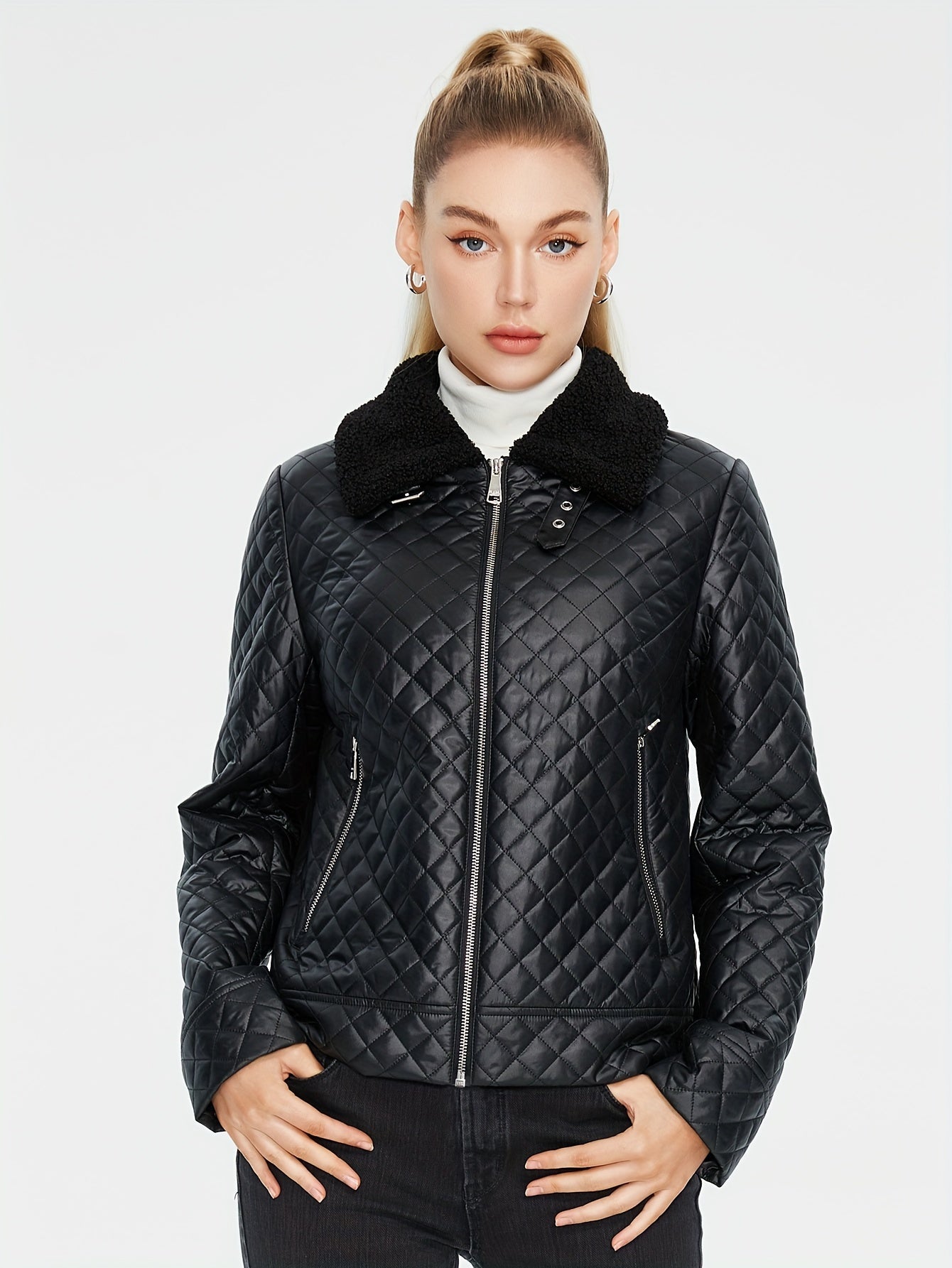 Quilted fluffy jacket with argyle pattern