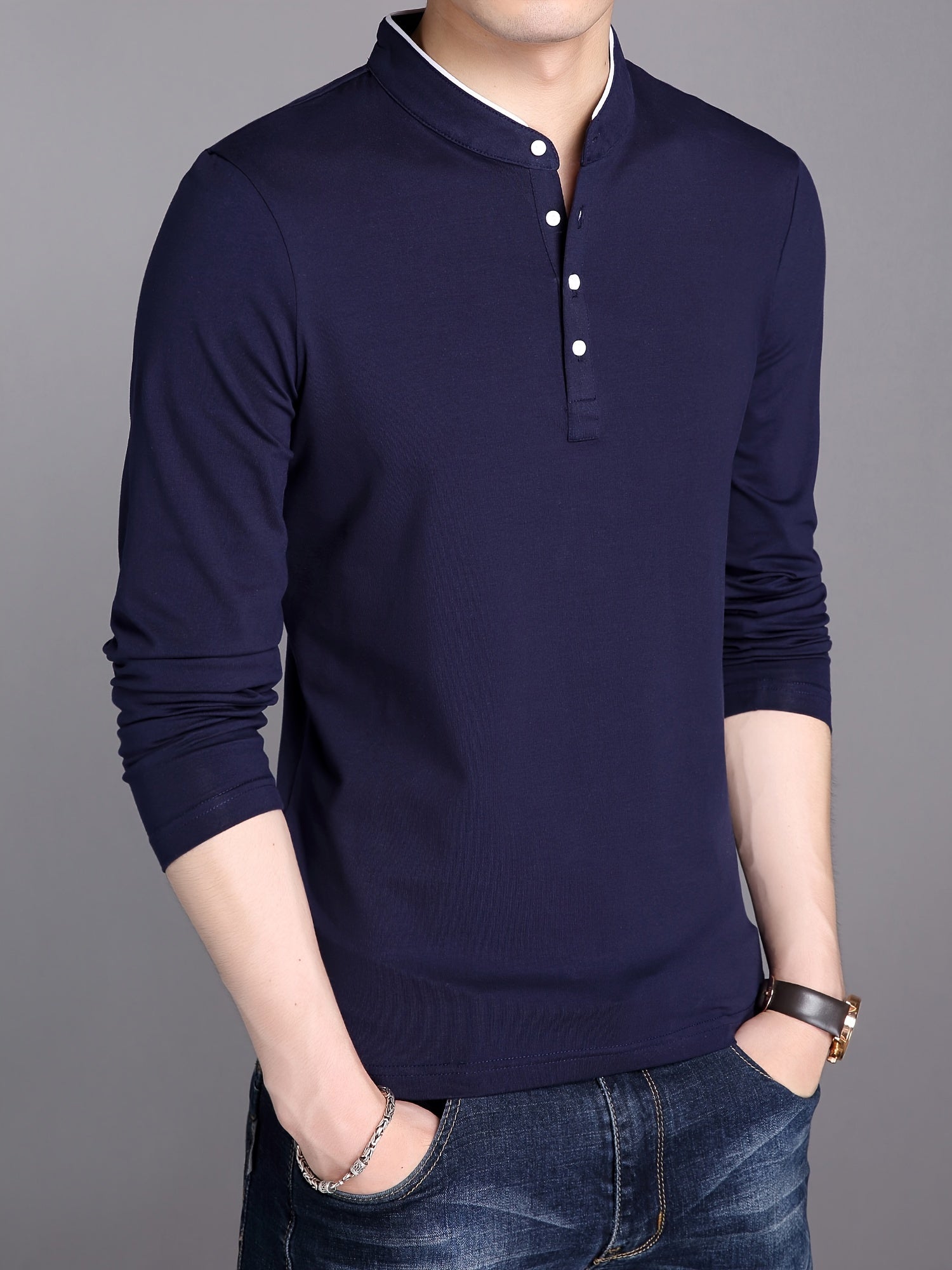 Stand-up collar top and half-button shirt