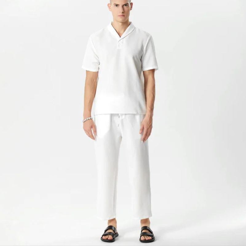 Casual Lapel Short Sleeve Shirt and Drawstring Pants