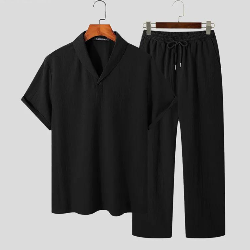 Casual Lapel Short Sleeve Shirt and Drawstring Pants