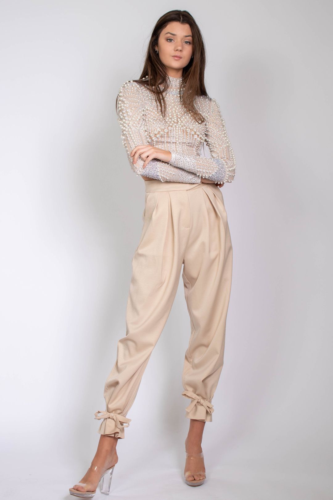 Casual wide leg pants with ribbon