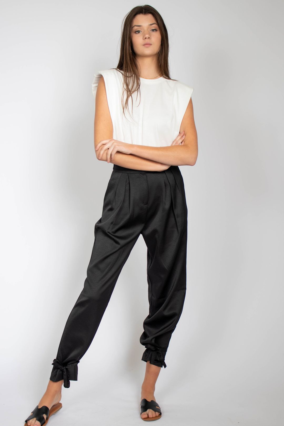 Casual wide leg pants with ribbon