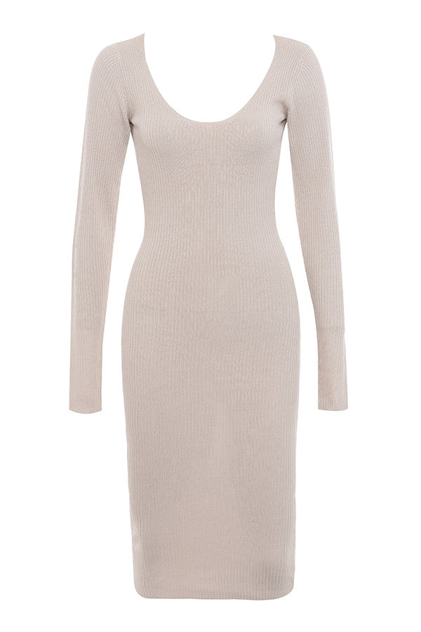 Taupe rib knitted midi dress