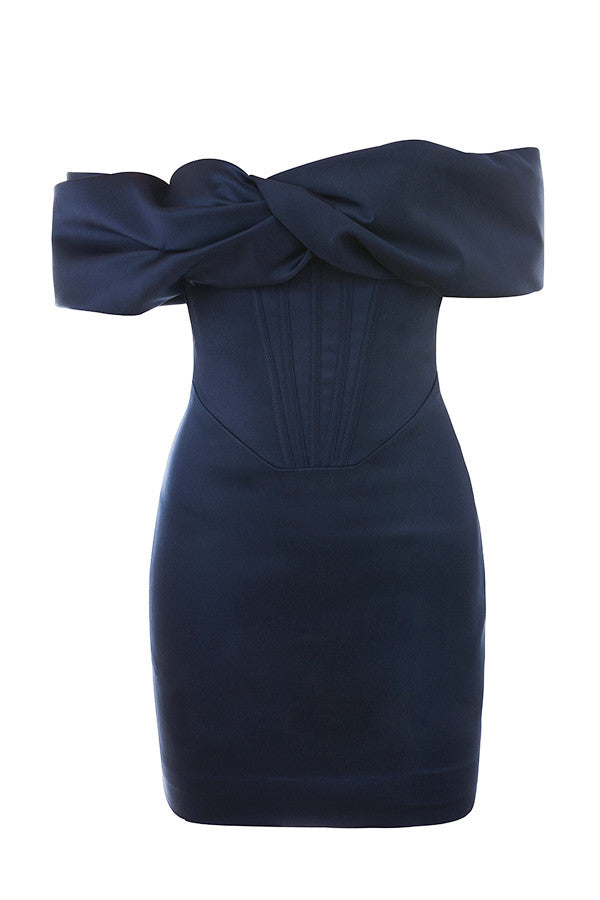 Navy blue satin draped strapless dress