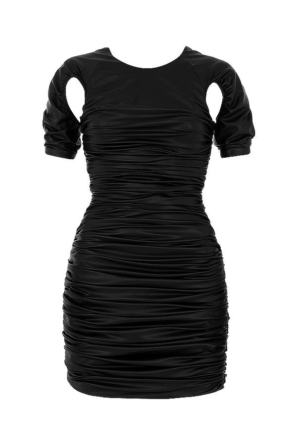 Black vegan leather dress with cutouts on the sleeves