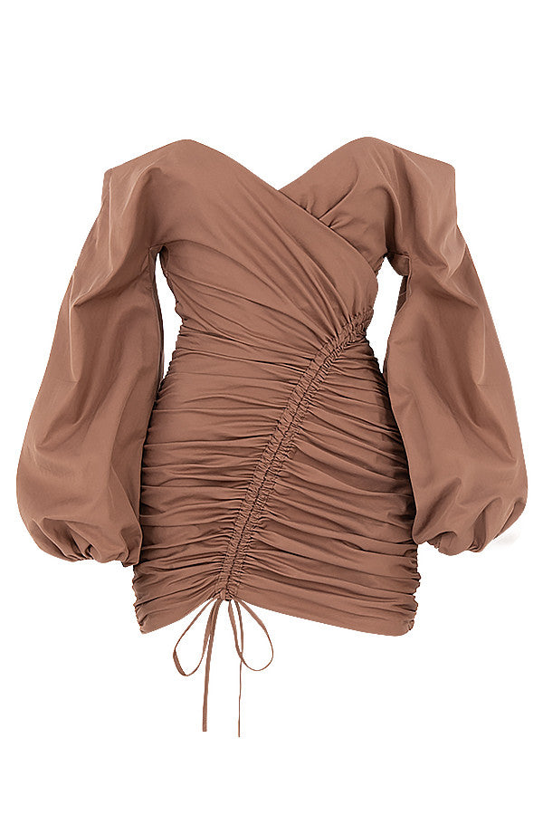 Mocha mini wrap dress with bare shoulders