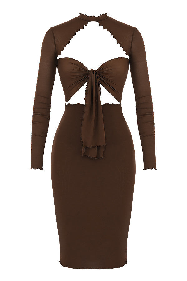 Chocolate power mesh midi dress with tie closure at the front