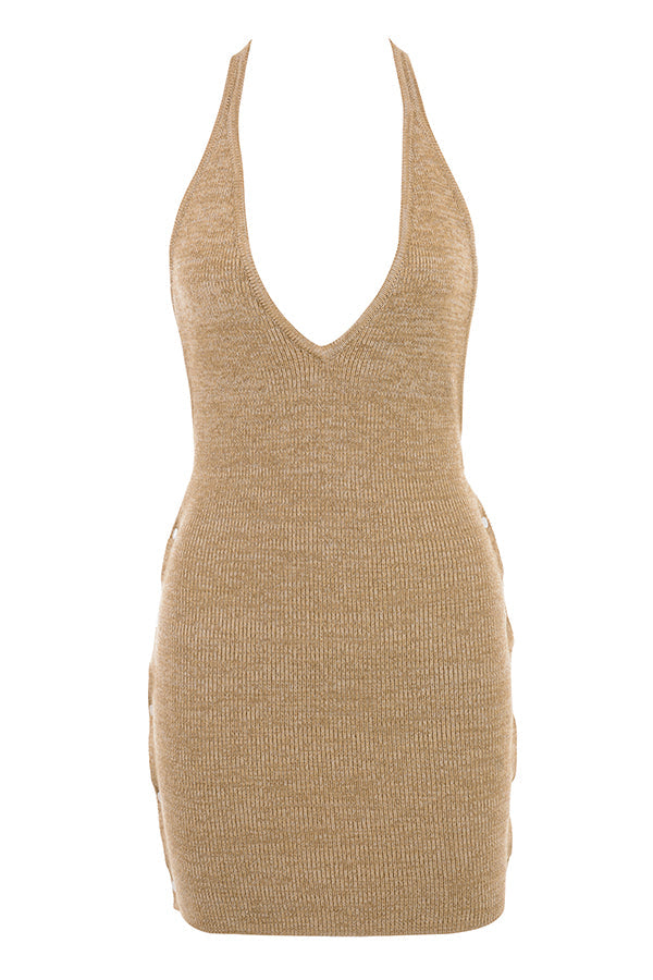 Sand knitted halter mini dress