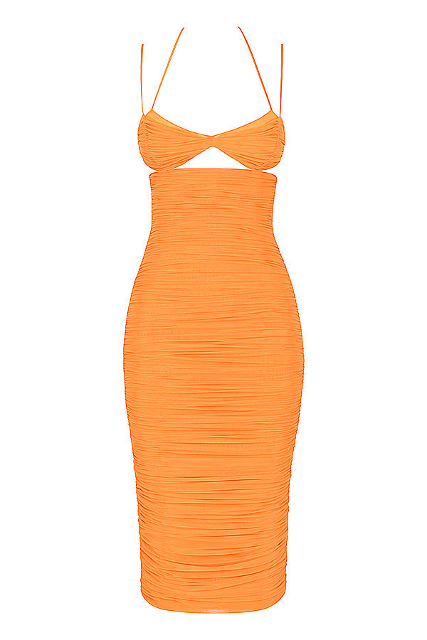 Midi dress with mandarin cutout and ruffles