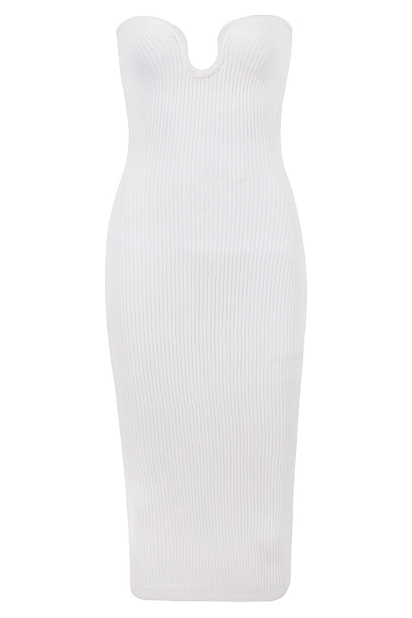 White ribbed knit strapless midi dress