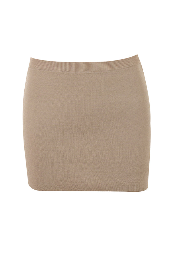 Taupe knitted top with long sleeves and mini skirt