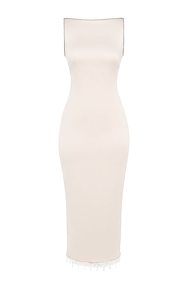 Ivory satin midi dress with crystals