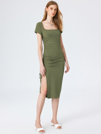 Square Neck Midi Dress In Olive Green