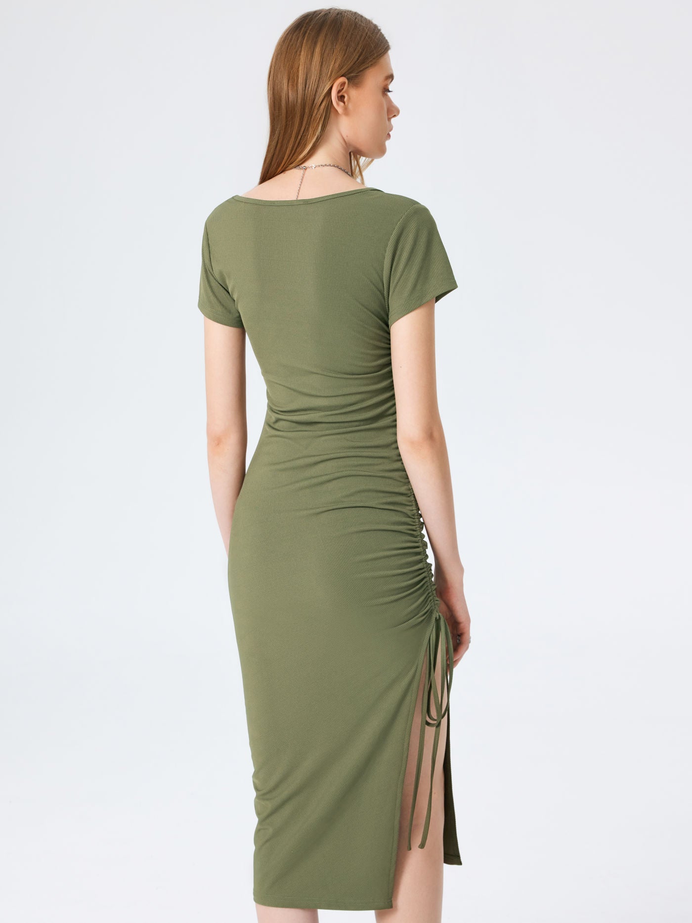 Square Neck Midi Dress In Olive Green